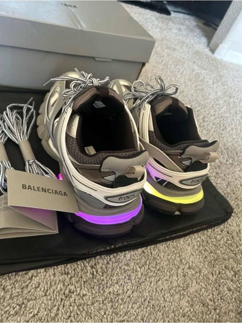 Balenciaga Track Sneakers in Brown, White & Neon Purple/Yellow